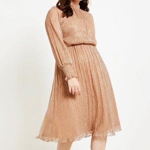 ELOQUII Neutral Gold-Threaded High-Neck Puff-Sleeve Gathered-Waist Dress